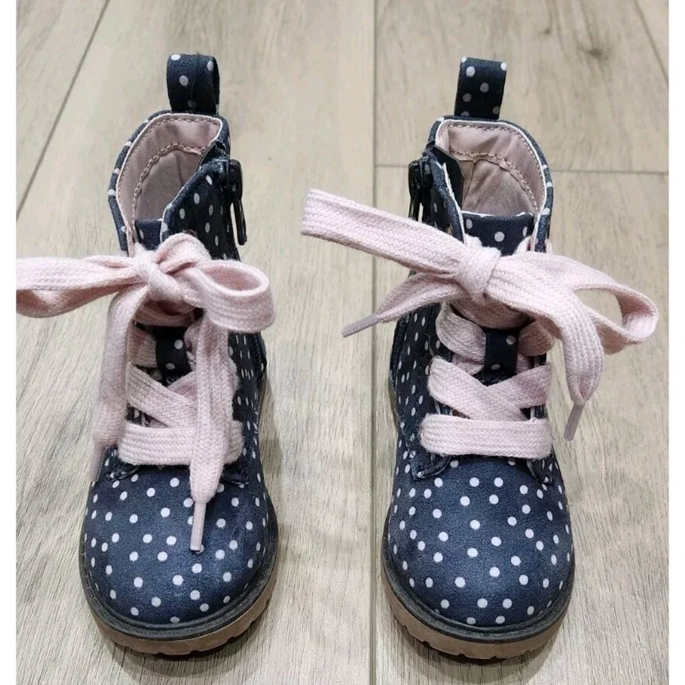 Cat & Jack Girls Toddler Boots With Pink Polka dots Laces Zipper Size 6‎